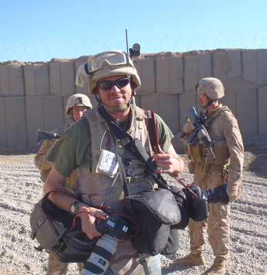 Author / Photographer Ed Darack just prior to embarking on a combat operation with U.S. Marines outside of Marjah, Afghanistan. Copyright Luke Downey; Permission granted for use in media products about / related to Ed Darack's creative work. width=